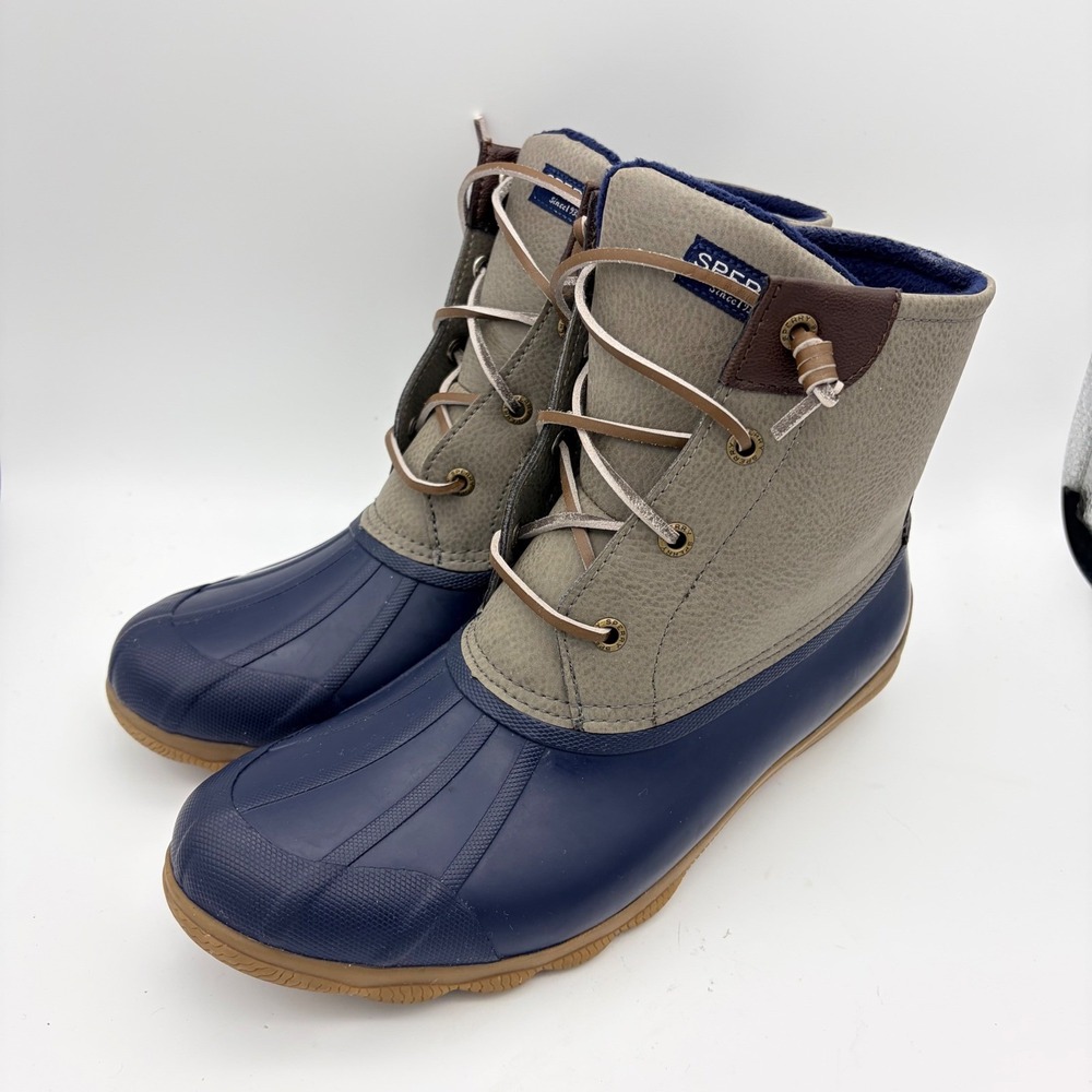 Sperry Saltwater Duck Boots Womens 9 Navy Grey Waterproof Leather Boots Utility